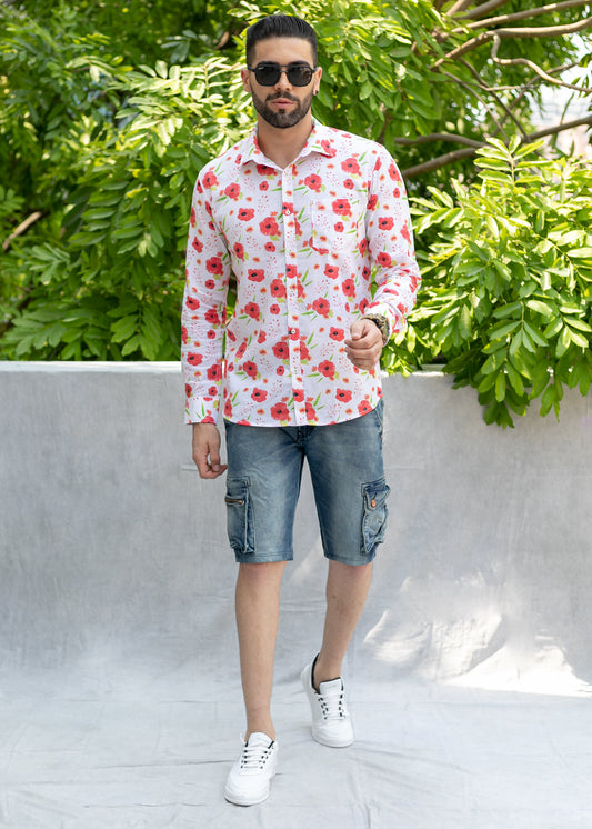 Linen Cotton Blend,Digital Print,Plain, Full Sleeves,Semi Slim Fit,White And Red And Green Floral, Men,Shirt