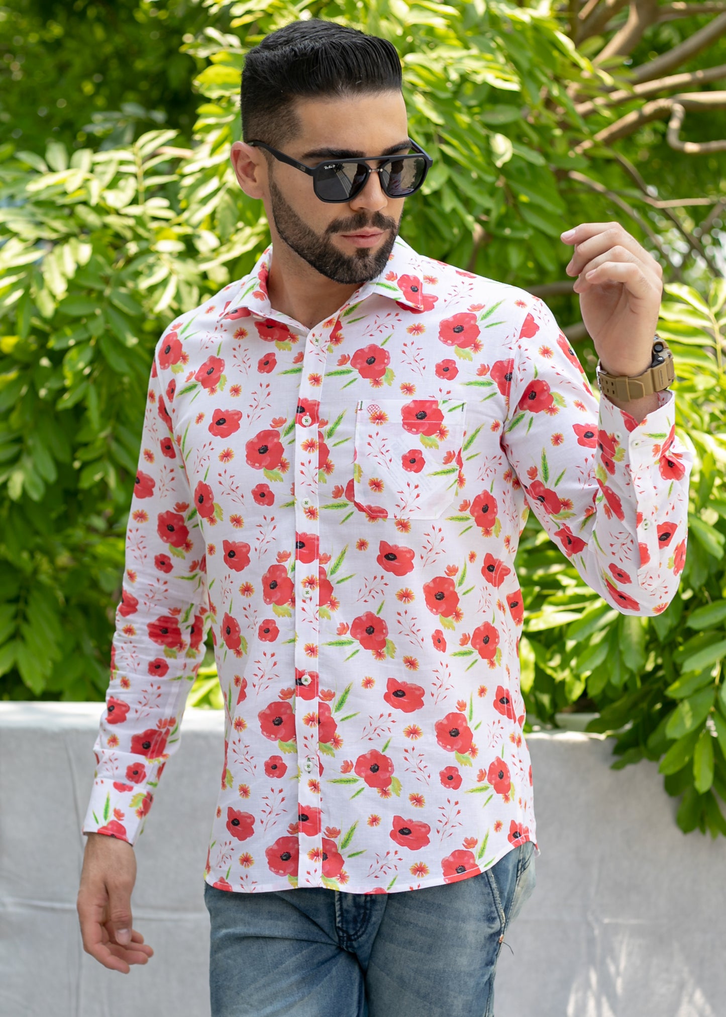 Linen Cotton Blend,Digital Print,Plain, Full Sleeves,Semi Slim Fit,White And Red And Green Floral, Men,Shirt