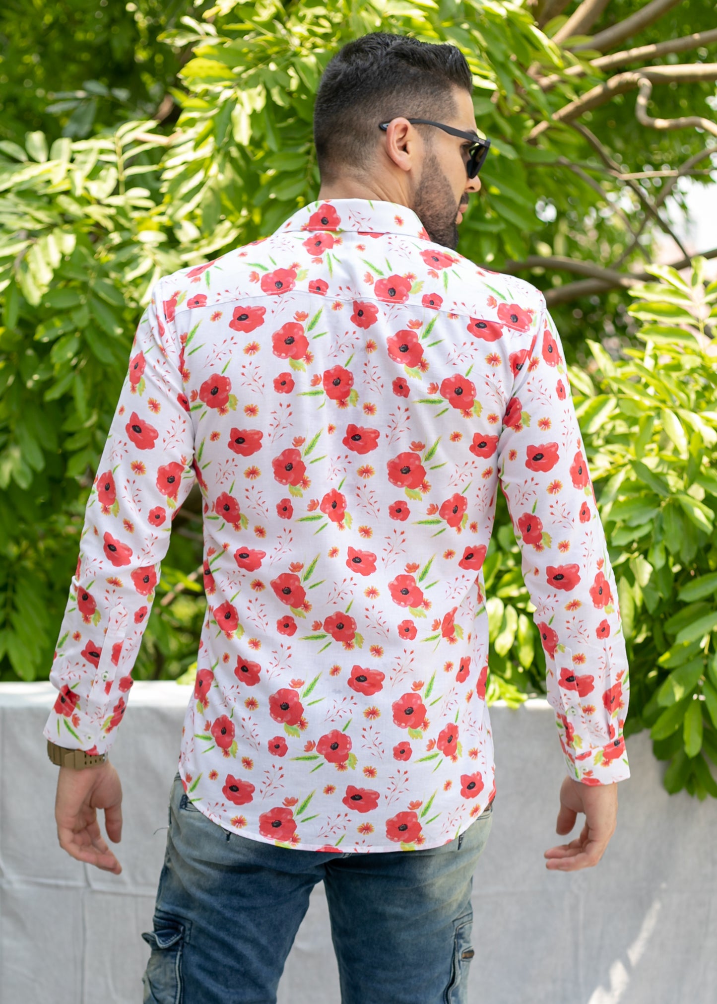 Linen Cotton Blend,Digital Print,Plain, Full Sleeves,Semi Slim Fit,White And Red And Green Floral, Men,Shirt