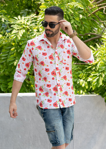 Linen Cotton Blend,Digital Print,Plain, Full Sleeves,Semi Slim Fit,White And Red And Green Floral, Men,Shirt