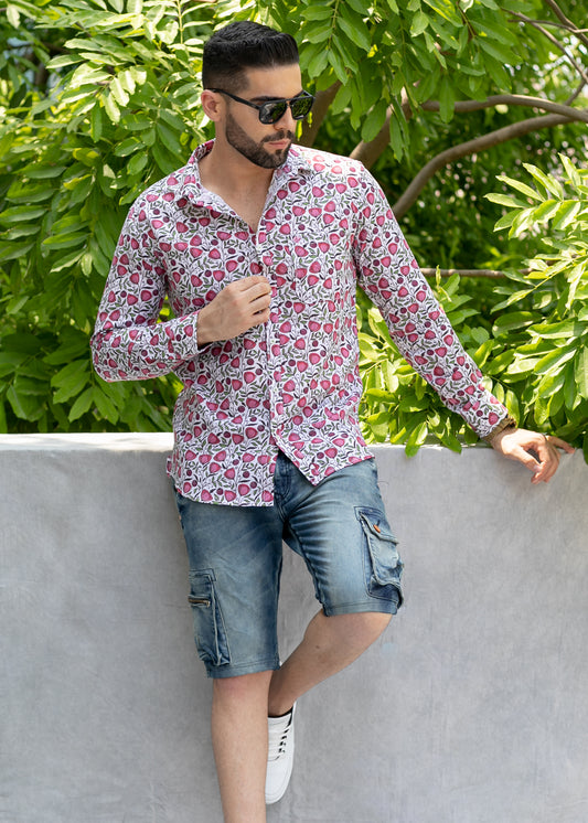 Linen Cotton Blend,Digital Print,Plain, Full Sleeves,Semi Slim Fit,White And Pink And Green Floral, Men,Shirt