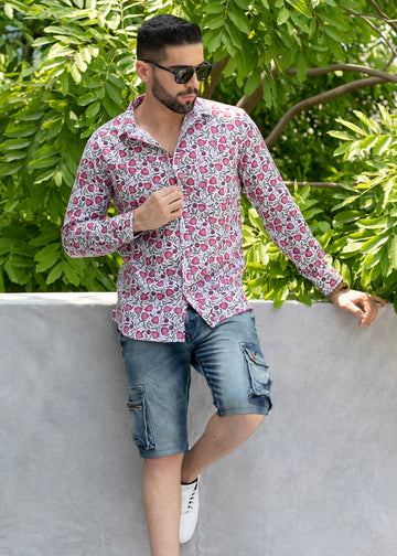Linen Cotton Blend,Digital Print,Plain, Full Sleeves,Semi Slim Fit,White And Pink And Green Floral, Men,Shirt