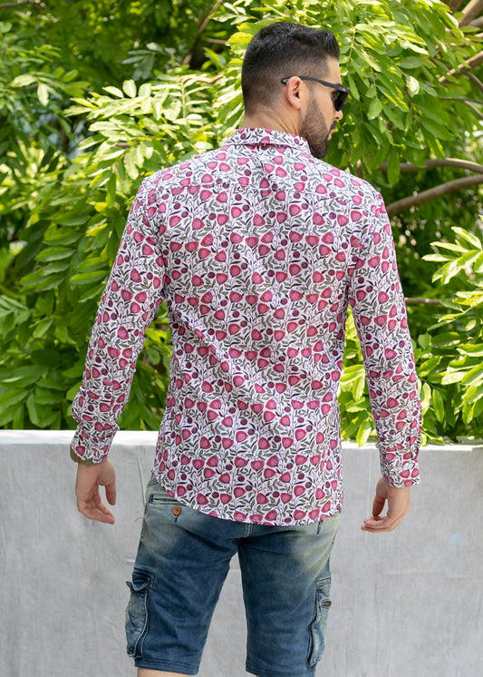 Linen Cotton Blend,Digital Print,Plain, Full Sleeves,Semi Slim Fit,White And Pink And Green Floral, Men,Shirt