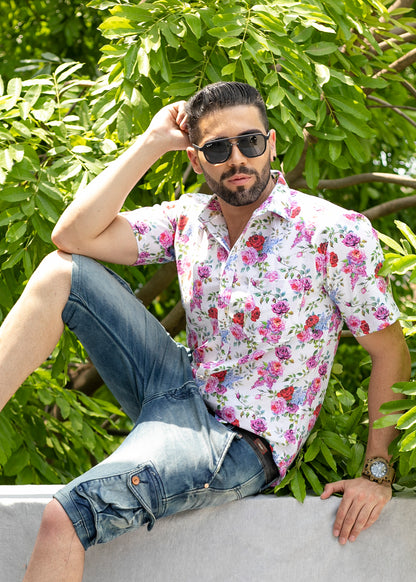 Linen Cotton Blend,Digital Print,Plain, Half Sleeves,Semi Slim FitWhite And Multi Colour Floral, Men,Shirt