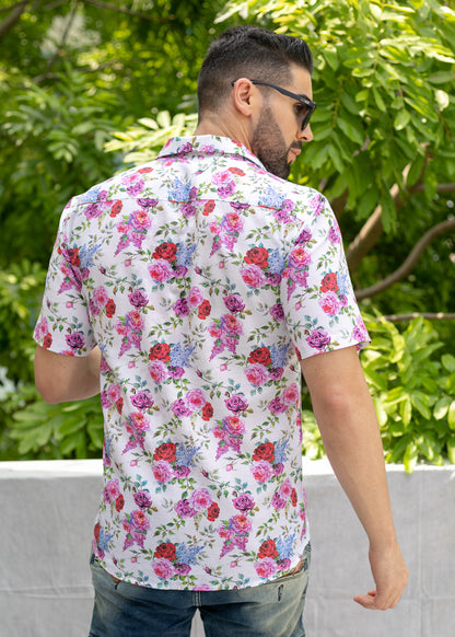 Linen Cotton Blend,Digital Print,Plain, Half Sleeves,Semi Slim FitWhite And Multi Colour Floral, Men,Shirt