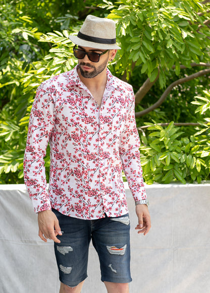 Linen Cotton Blend,Digital Print,Plain, Full Sleeves,Semi Slim Fit,White and Red And Pink And Black Floral, Men,Shirt