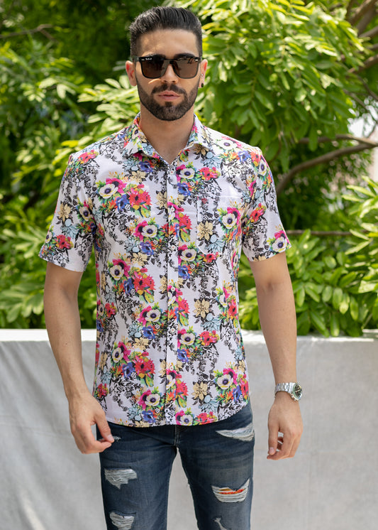 Linen Cotton Blend,Digital Print,Plain, Half Sleeves,Semi Slim FitWhite And Multi Colour Floral, Men,Shirt