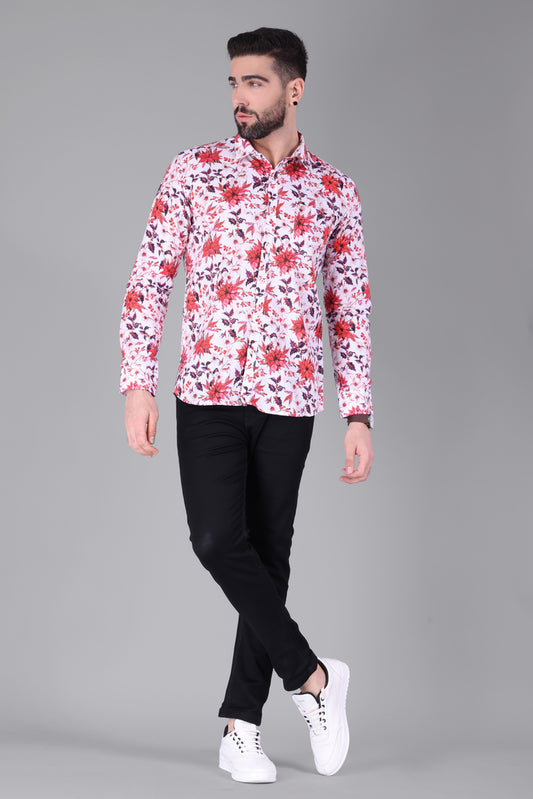 Linen Cotton Blend,Digital Print,Plain, Full Sleeves,Semi Slim Fit,White And Multi Colour Floral, Men,Shirt