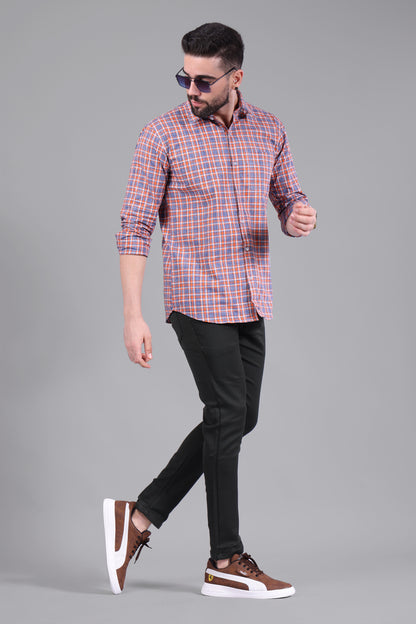 100% Cotton, Yarn Dyed, Plain, Full Sleeves,Semi Slim Fit,Blue Orange and White, Men,Shirt