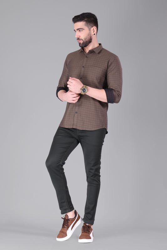100% Cotton,  Yarn Dyed, Dobby, Full Sleeves,Semi Slim Fit,Brown And Black, Men,Shirt