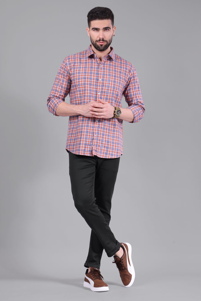 100% Cotton, Yarn Dyed, Plain, Full Sleeves,Semi Slim Fit,Blue Orange and White, Men,Shirt