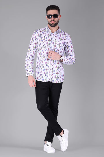 Linen Cotton Blend,Digital Print,Plain, Full Sleeves,Semi Slim Fit,White And Multi Colour Floral, Men,Shirt