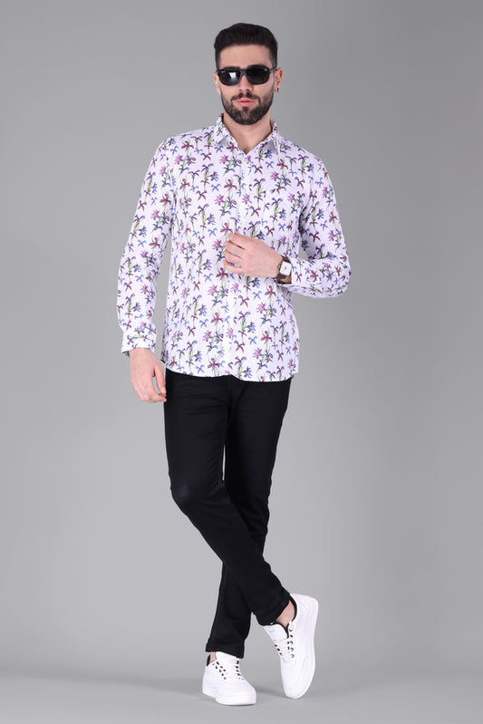 Linen Cotton Blend,Digital Print,Plain, Full Sleeves,Semi Slim Fit,White And Multi Colour Floral, Men,Shirt