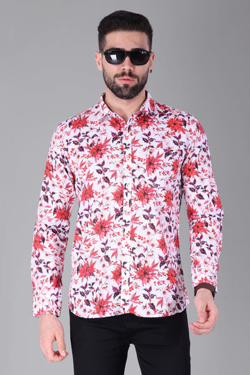 Linen Cotton Blend,Digital Print,Plain, Full Sleeves,Semi Slim Fit,White And Multi Colour Floral, Men,Shirt