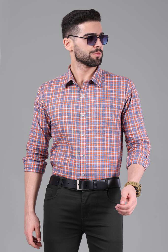100% Cotton, Yarn Dyed, Plain, Full Sleeves,Semi Slim Fit,Blue Orange and White, Men,Shirt
