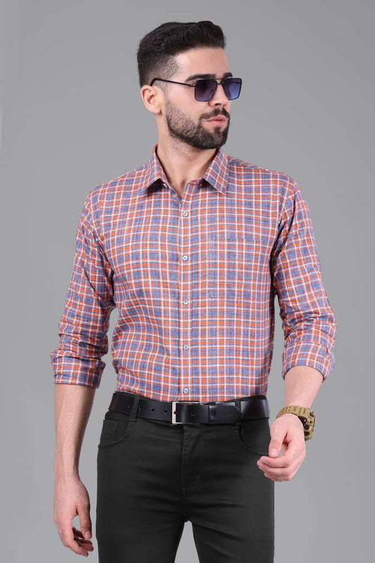 100% Cotton, Yarn Dyed, Plain, Full Sleeves,Semi Slim Fit,Blue Orange and White, Men,Shirt