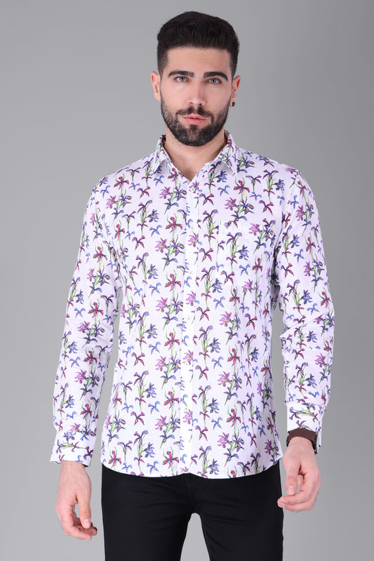 Linen Cotton Blend,Digital Print,Plain, Full Sleeves,Semi Slim Fit,White And Multi Colour Floral, Men,Shirt