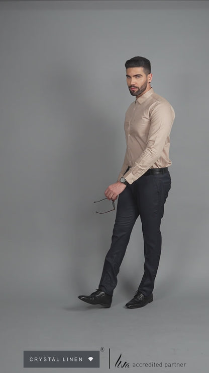 Linen Cotton Blend,Piece Dyed,Plain, Full Sleeves,Semi Slim Fit,Light Brown, Men,Shirt