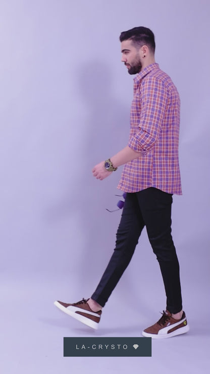 100% Cotton, Yarn Dyed, Plain, Full Sleeves,Semi Slim Fit,Blue Orange and White, Men,Shirt