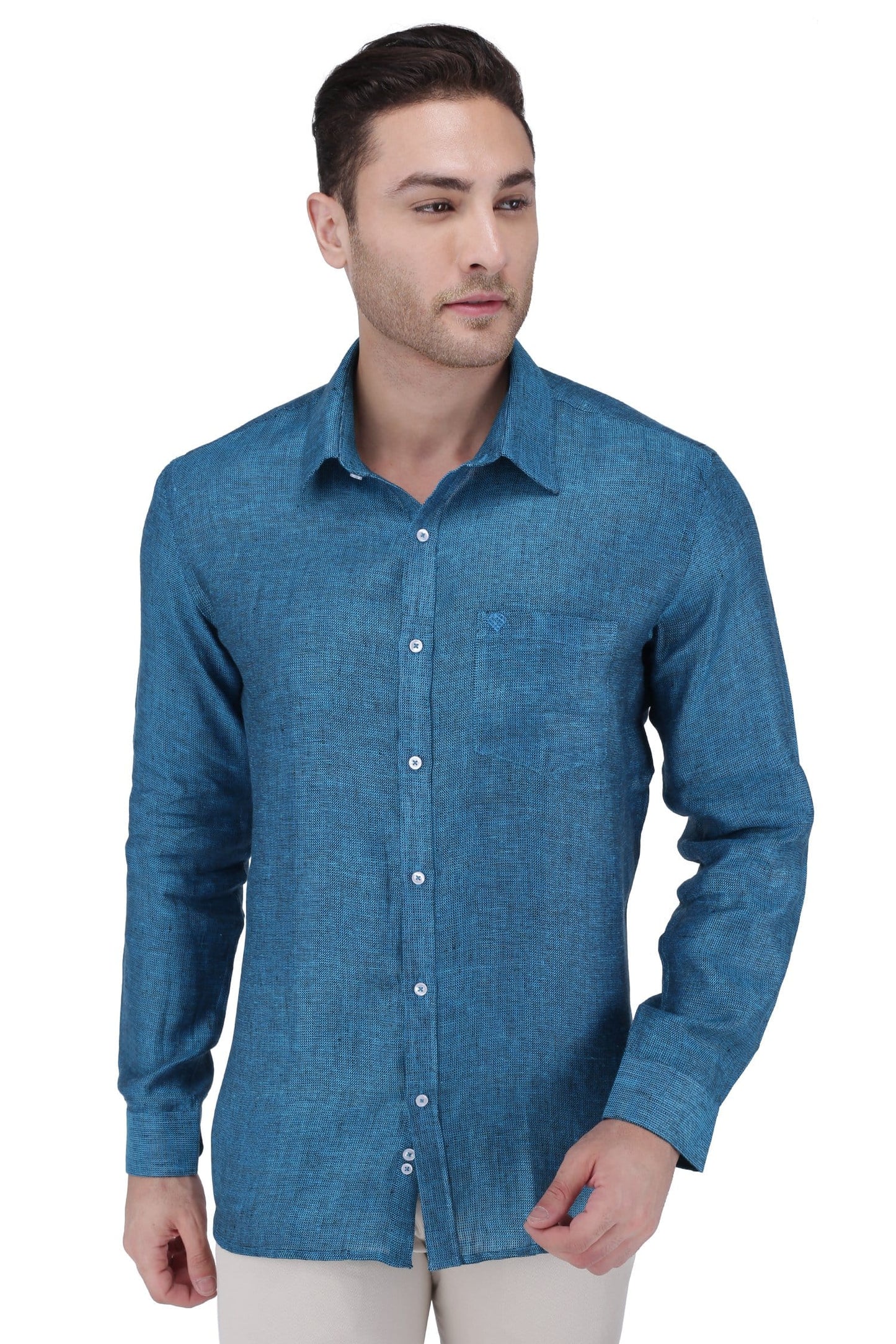 100% Linen,  Yarn Dyed, Matty, Full Sleeves,Semi Slim Fit,Black And Blue Sea, Men,Shirt