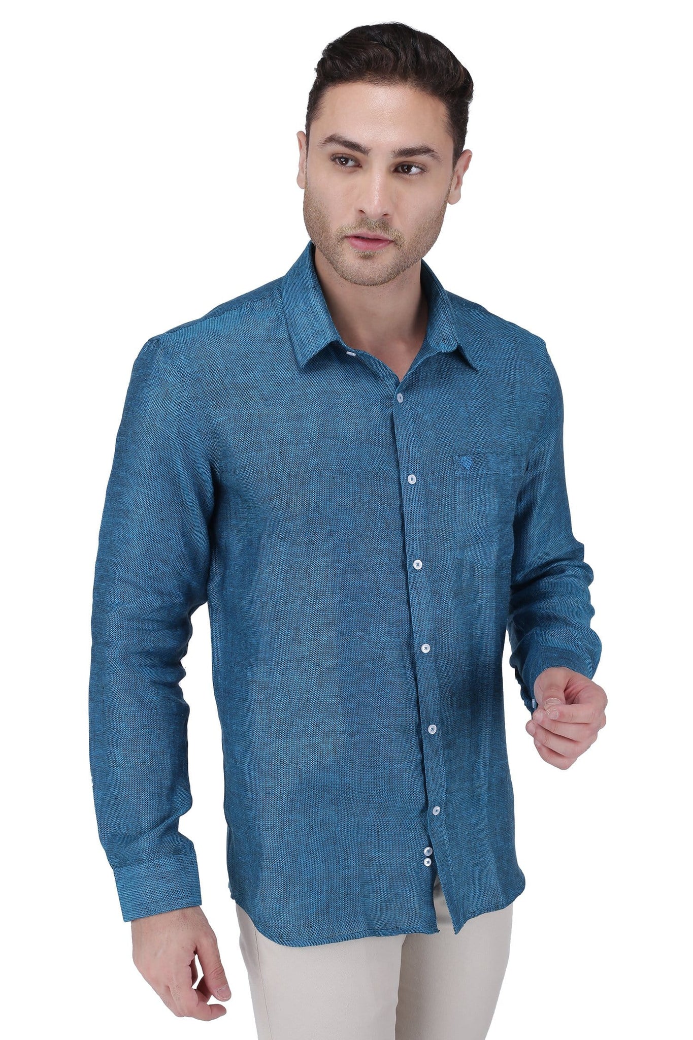 100% Linen,  Yarn Dyed, Matty, Full Sleeves,Semi Slim Fit,Black And Blue Sea, Men,Shirt