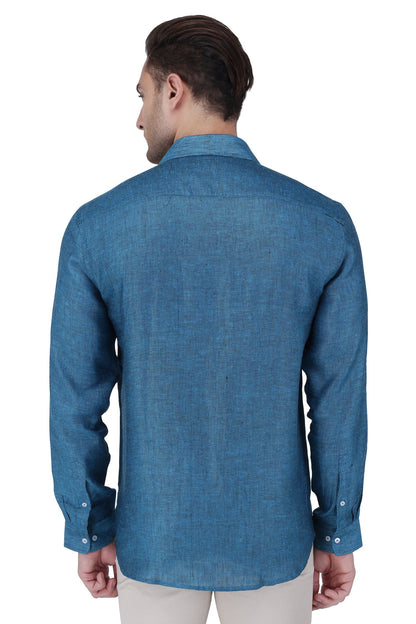 100% Linen,  Yarn Dyed, Matty, Full Sleeves,Semi Slim Fit,Black And Blue Sea, Men,Shirt