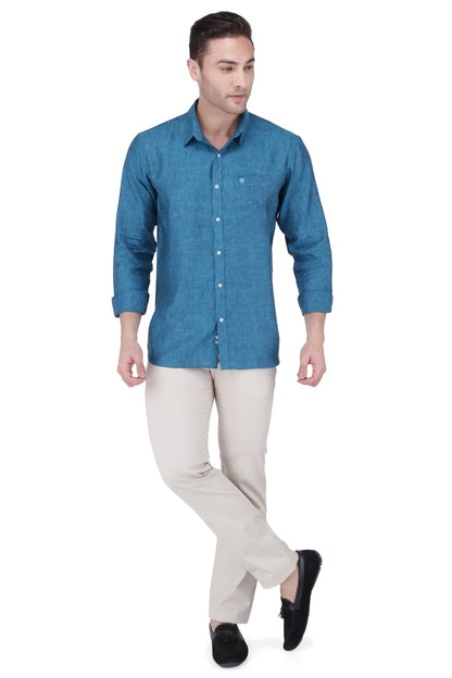 100% Linen,  Yarn Dyed, Matty, Full Sleeves,Semi Slim Fit,Black And Blue Sea, Men,Shirt