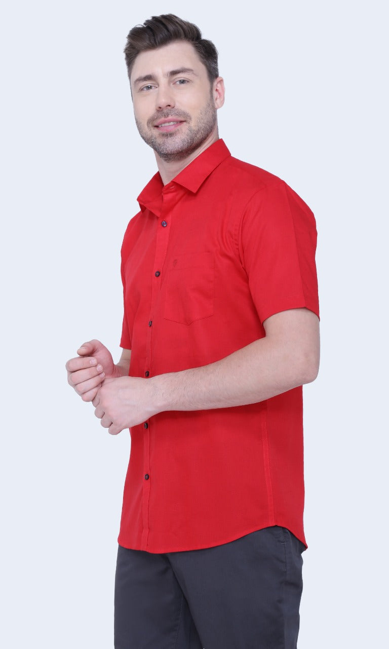 Linen Cotton Blend,Piece Dyed,Plain, Half Sleeves,Semi Slim FitDark Red, Men,Shirt