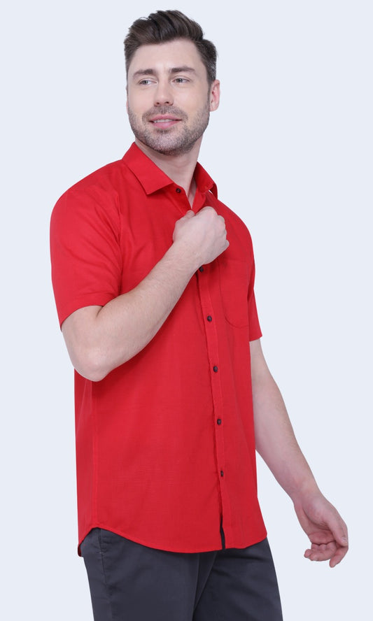 Linen Cotton Blend,Piece Dyed,Plain, Half Sleeves,Semi Slim FitDark Red, Men,Shirt
